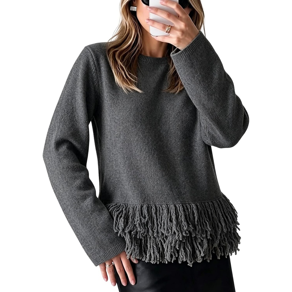 image:imageSpringrain Womens Fringe Boho Crewneck Knit Pullover SweatersDarkgrey