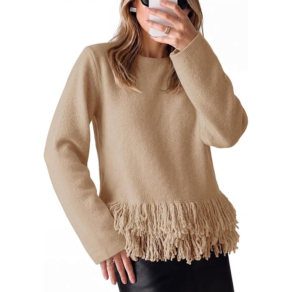 image:imageSpringrain Womens Fringe Boho Crewneck Knit Pullover SweatersKhaki