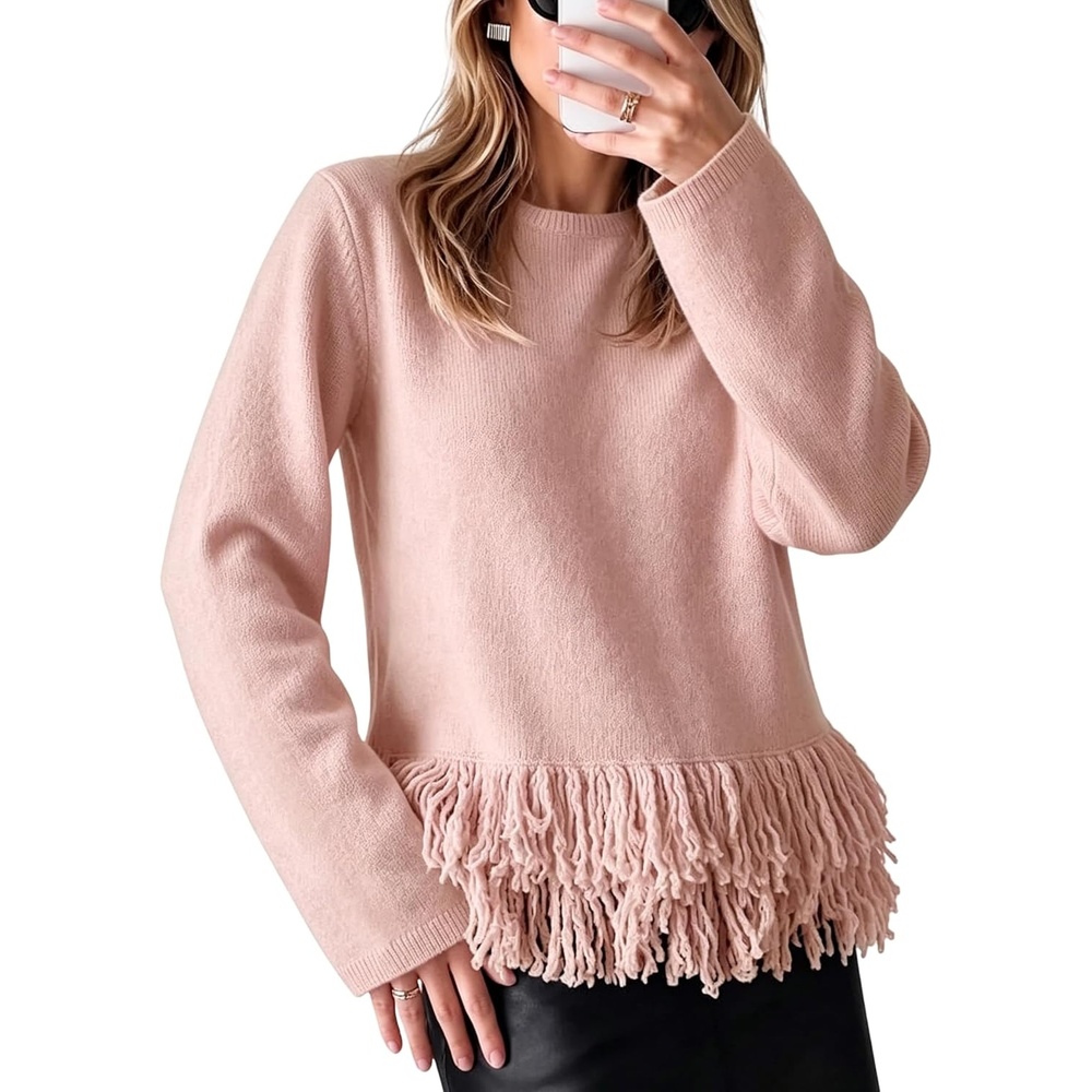 image:imageSpringrain Womens Fringe Boho Crewneck Knit Pullover SweatersPink