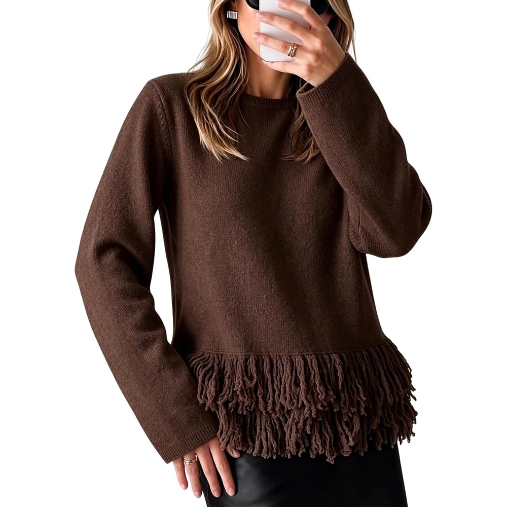 image:imageSpringrain Womens Fringe Boho Crewneck Knit Pullover SweatersTaupe