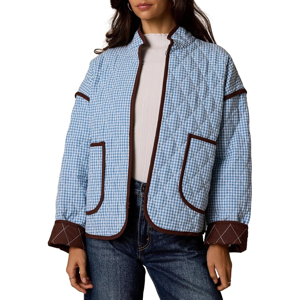 image:imageSpringrain Womens Gingham Quilted Jacket Lightweight Padded CoatBlue