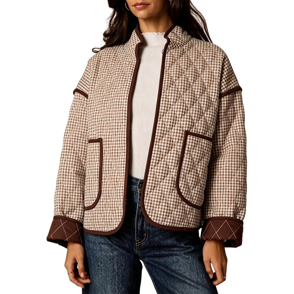 image:imageSpringrain Womens Gingham Quilted Jacket Lightweight Padded CoatBrown