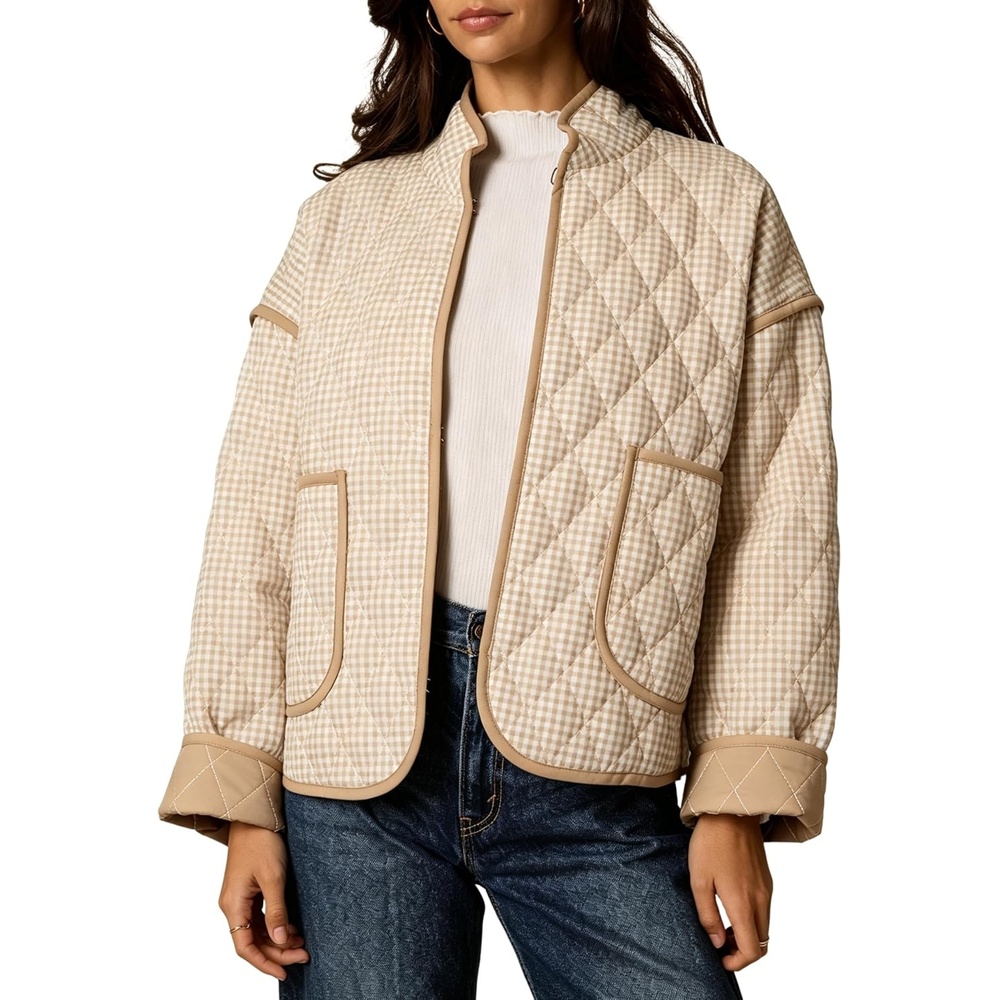 image:imageSpringrain Womens Gingham Quilted Jacket Lightweight Padded CoatKhaki
