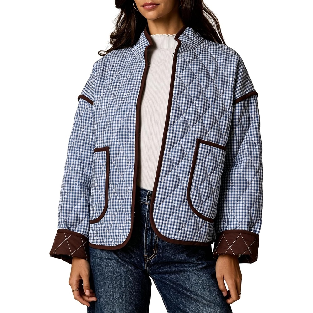 image:imageSpringrain Womens Gingham Quilted Jacket Lightweight Padded CoatNavy