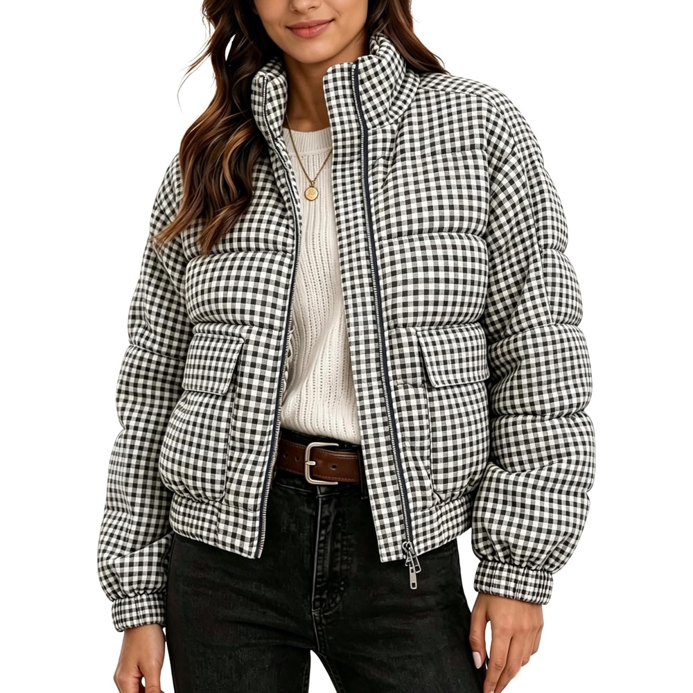 image:imageSpringrain Womens Gingham Zip Up Puffer Jacket Daily Winter CoatBlack