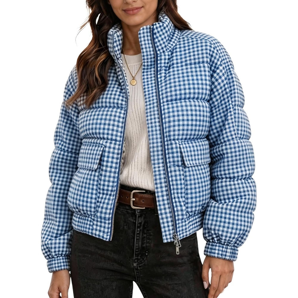 image:imageSpringrain Womens Gingham Zip Up Puffer Jacket Daily Winter CoatBlue