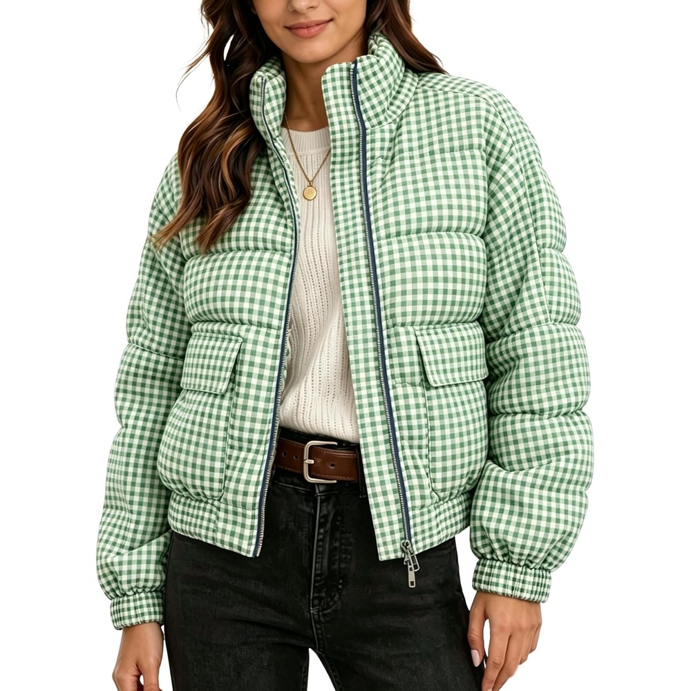 image:imageSpringrain Womens Gingham Zip Up Puffer Jacket Daily Winter CoatGreen