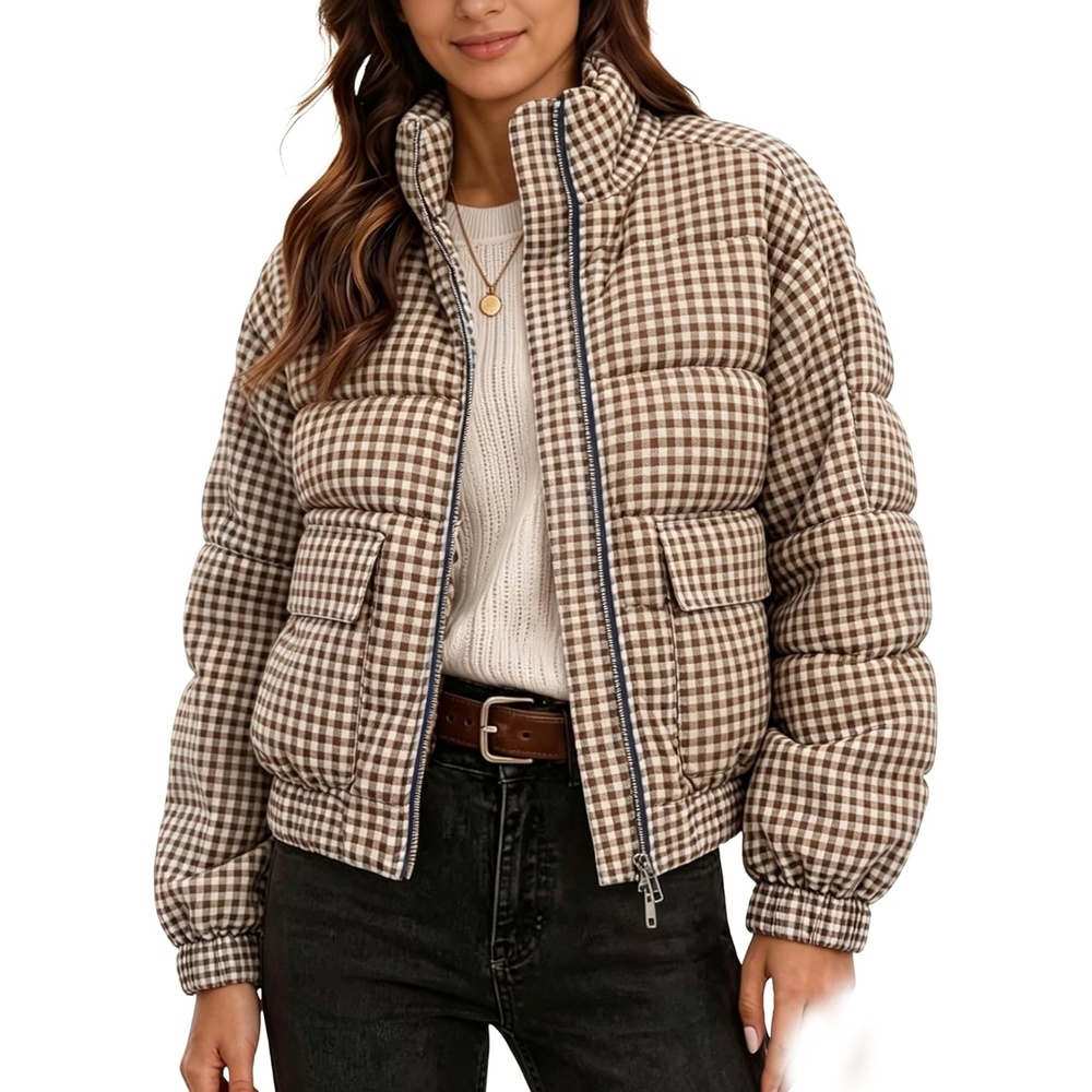 image:imageSpringrain Womens Gingham Zip Up Puffer Jacket Daily Winter CoatKhaki