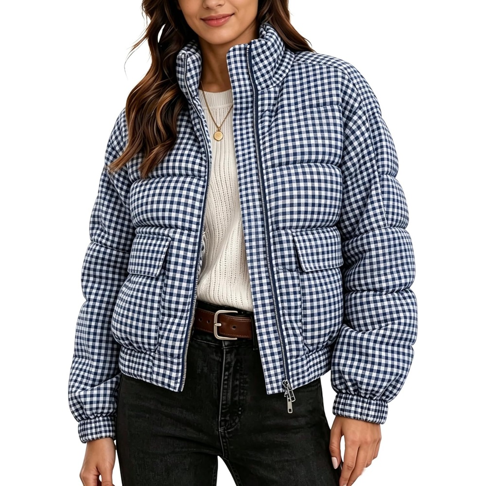 image:imageSpringrain Womens Gingham Zip Up Puffer Jacket Daily Winter CoatNavy