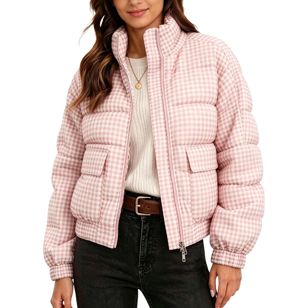 image:imageSpringrain Womens Gingham Zip Up Puffer Jacket Daily Winter CoatPink