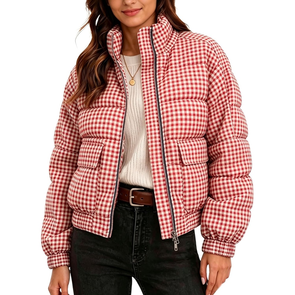 image:imageSpringrain Womens Gingham Zip Up Puffer Jacket Daily Winter CoatRed