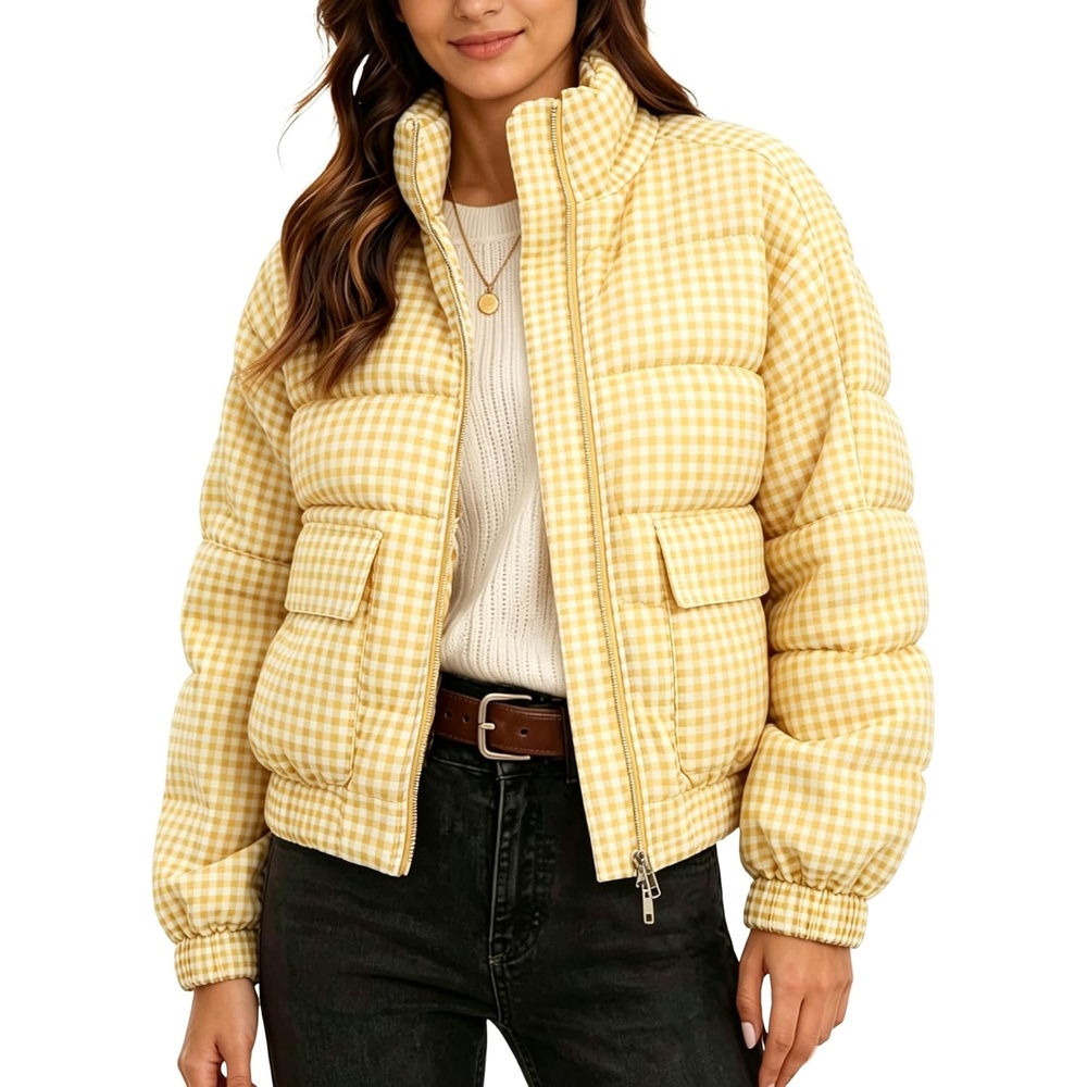 image:imageSpringrain Womens Gingham Zip Up Puffer Jacket Daily Winter CoatYellow