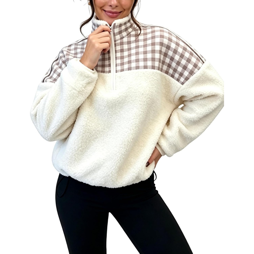 image:imageSpringrain Womens Half Zip Sherpa Fleece Plaid Pullover JacketBeige