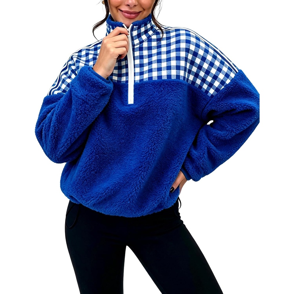 image:imageSpringrain Womens Half Zip Sherpa Fleece Plaid Pullover JacketKleinblue