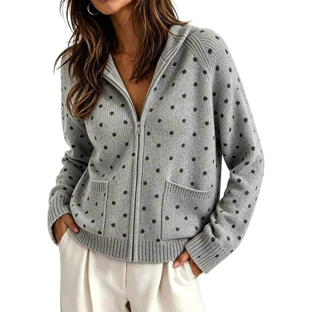 image:imageSpringrain Womens Polka Dot Knit Cardigan Hooded Sweater JacketGrey
