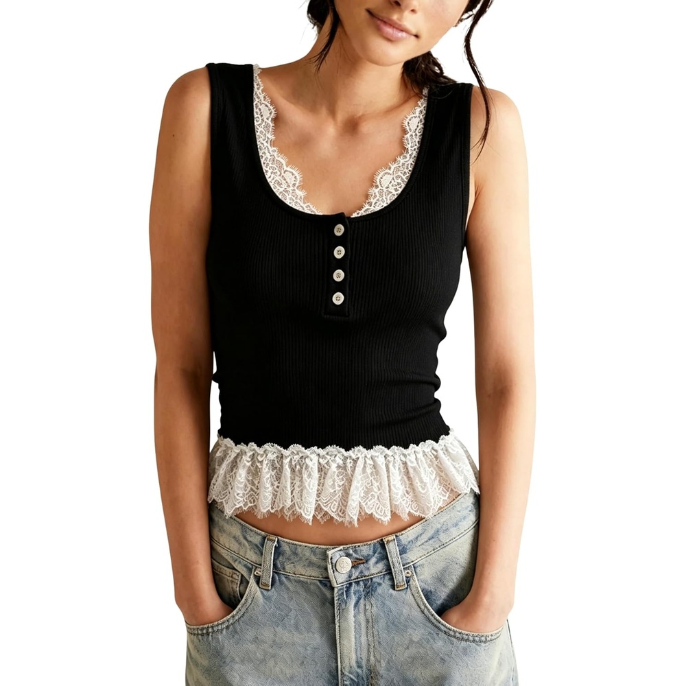 image:imageSpringrain Womens Slim Fit Ribbed Tank Tops with Lace TrimBlack