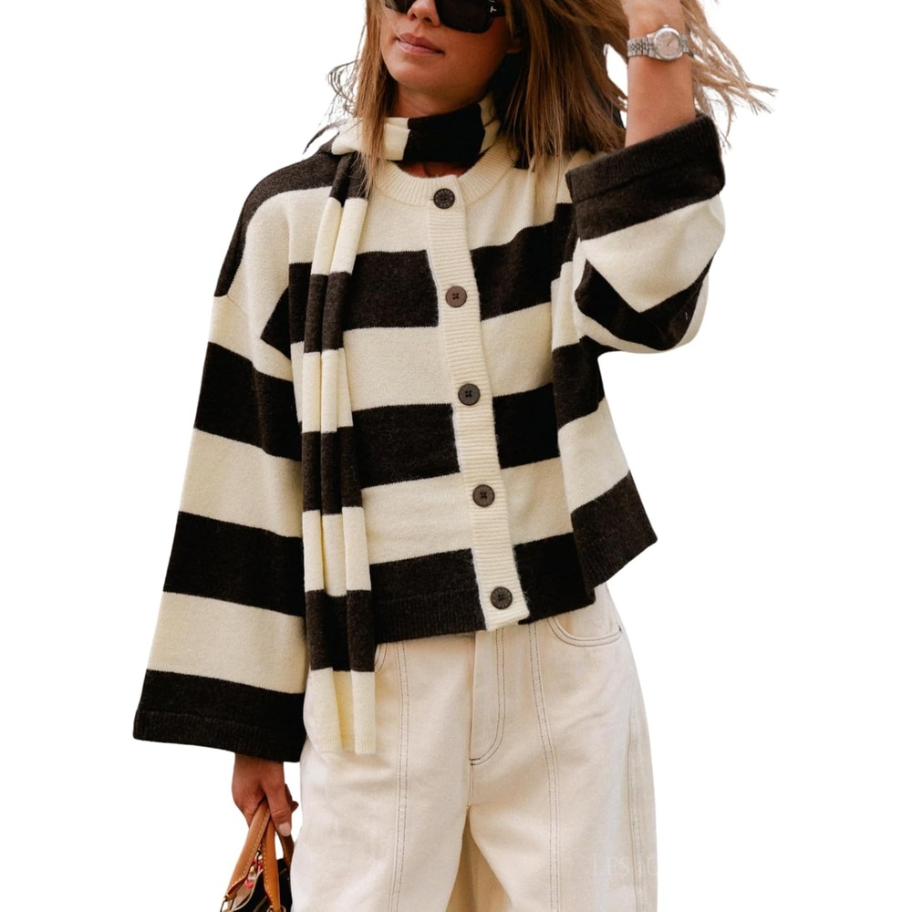 image:imageSpringrain Womens Striped Knit Cardigan Long Sleeve Sweaters with ScarfBlack
