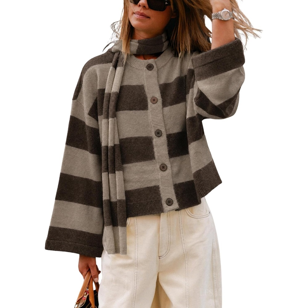 image:imageSpringrain Womens Striped Knit Cardigan Long Sleeve Sweaters with ScarfBrown