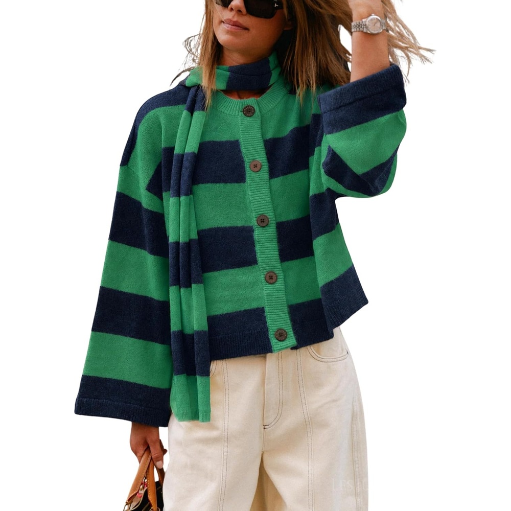 image:imageSpringrain Womens Striped Knit Cardigan Long Sleeve Sweaters with ScarfGreen