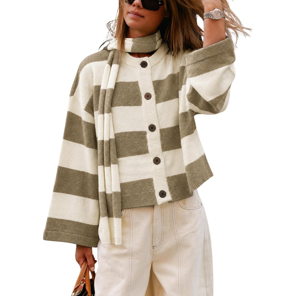 image:imageSpringrain Womens Striped Knit Cardigan Long Sleeve Sweaters with ScarfKhaki
