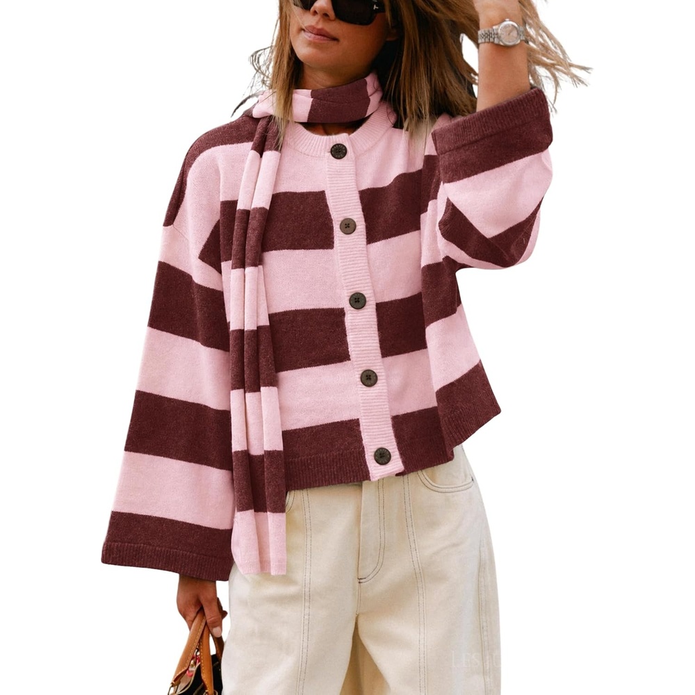image:imageSpringrain Womens Striped Knit Cardigan Long Sleeve Sweaters with ScarfPink
