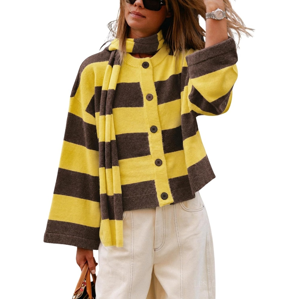 image:imageSpringrain Womens Striped Knit Cardigan Long Sleeve Sweaters with ScarfYellow