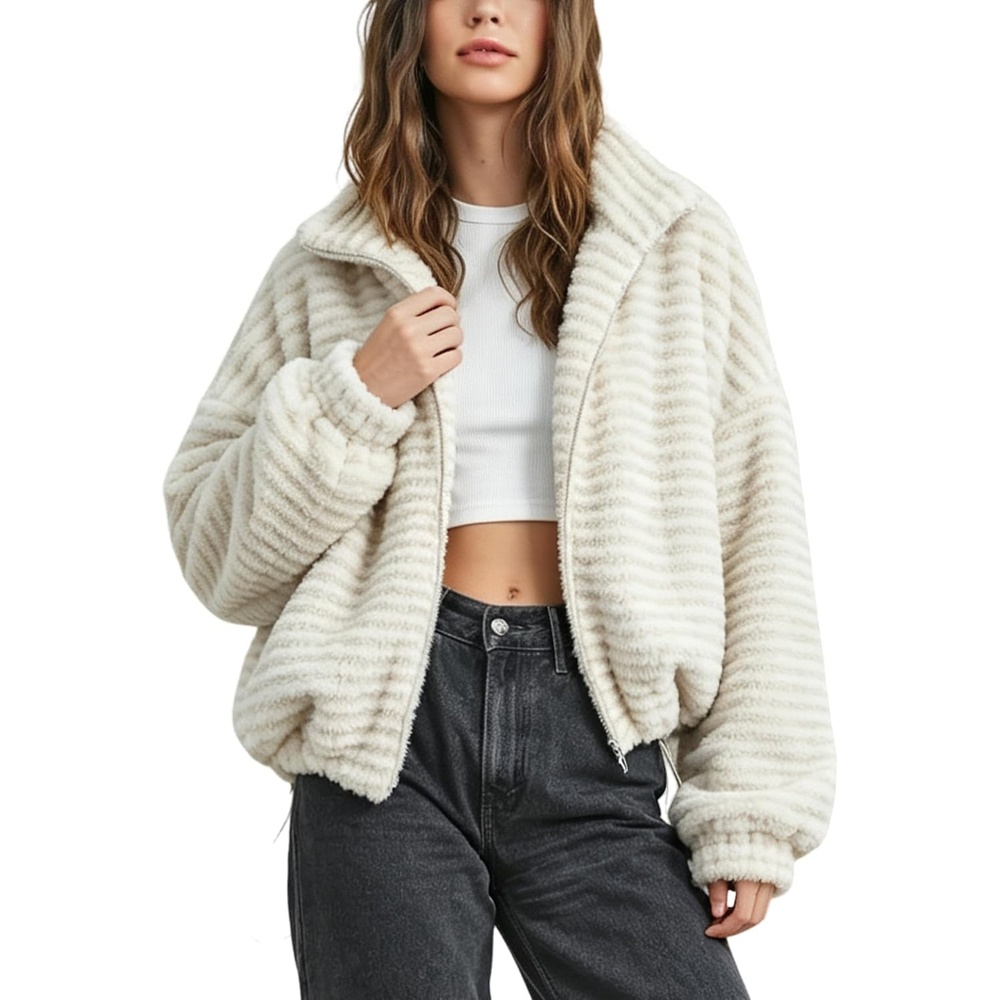 image:imageSpringrain Womens Striped Zip Up Fleece Jacket Winter Casual CoatBeige