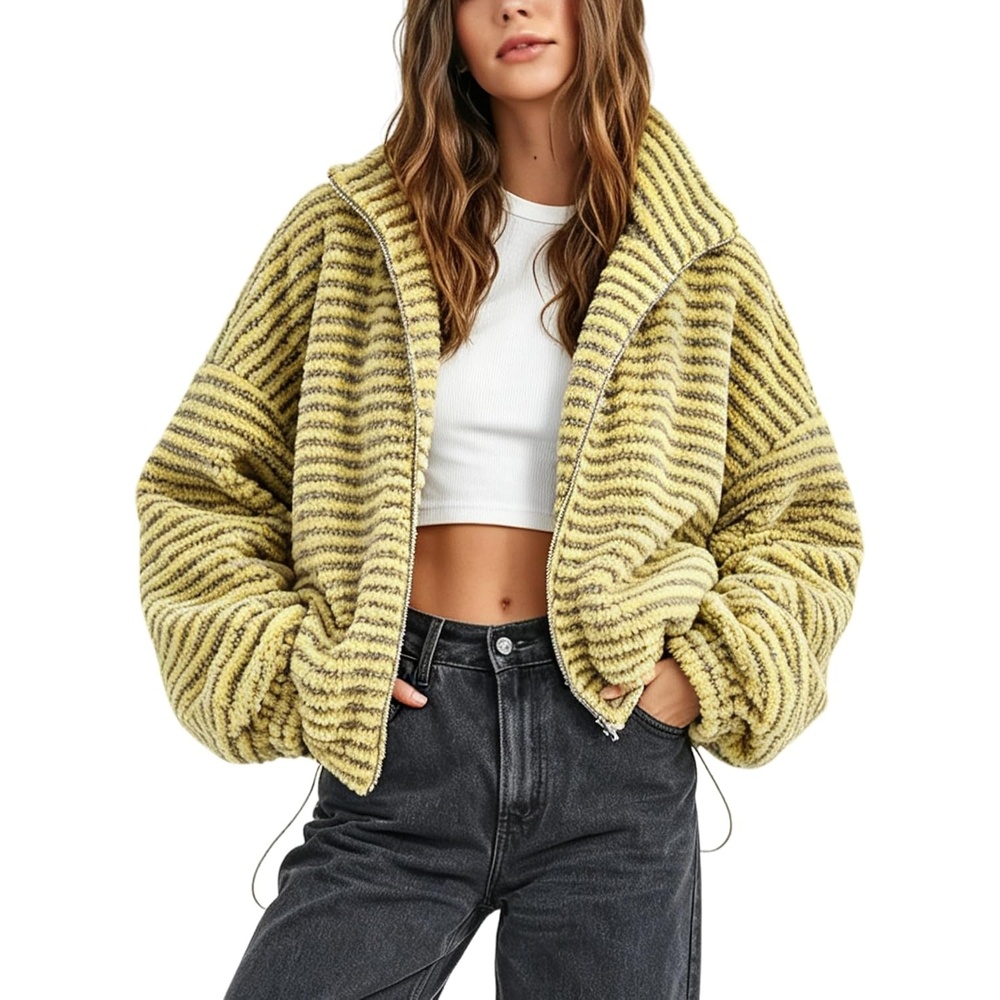 image:imageSpringrain Womens Striped Zip Up Fleece Jacket Winter Casual CoatGinger