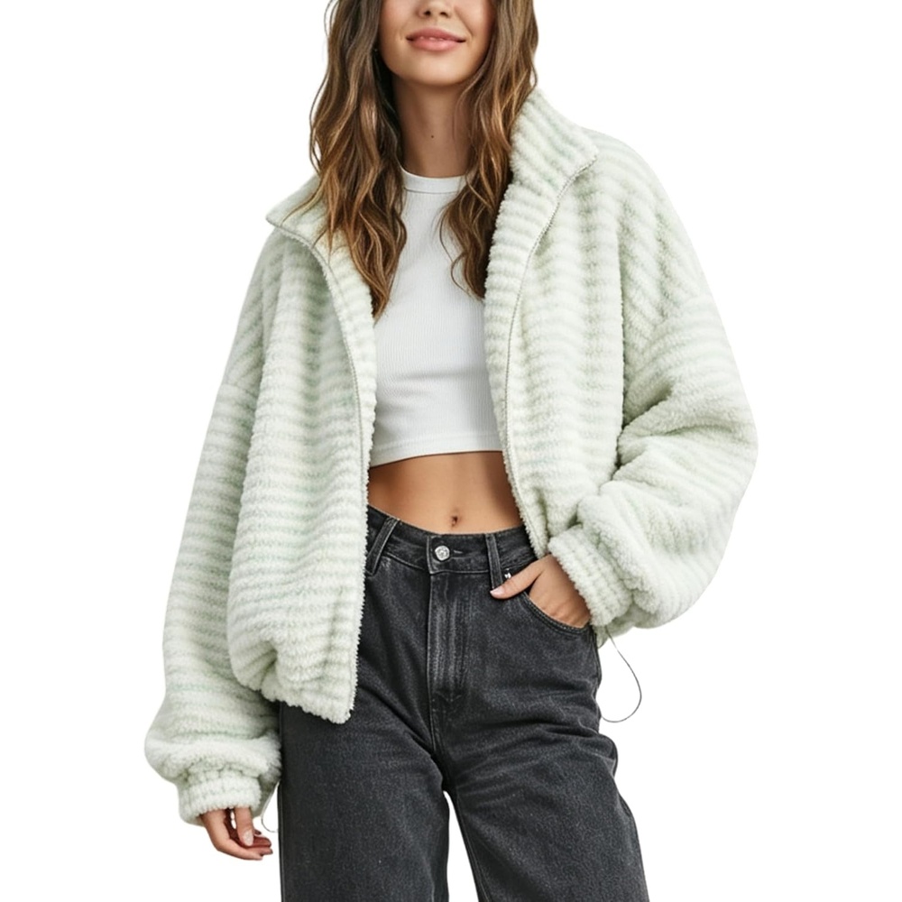 image:imageSpringrain Womens Striped Zip Up Fleece Jacket Winter Casual CoatMint