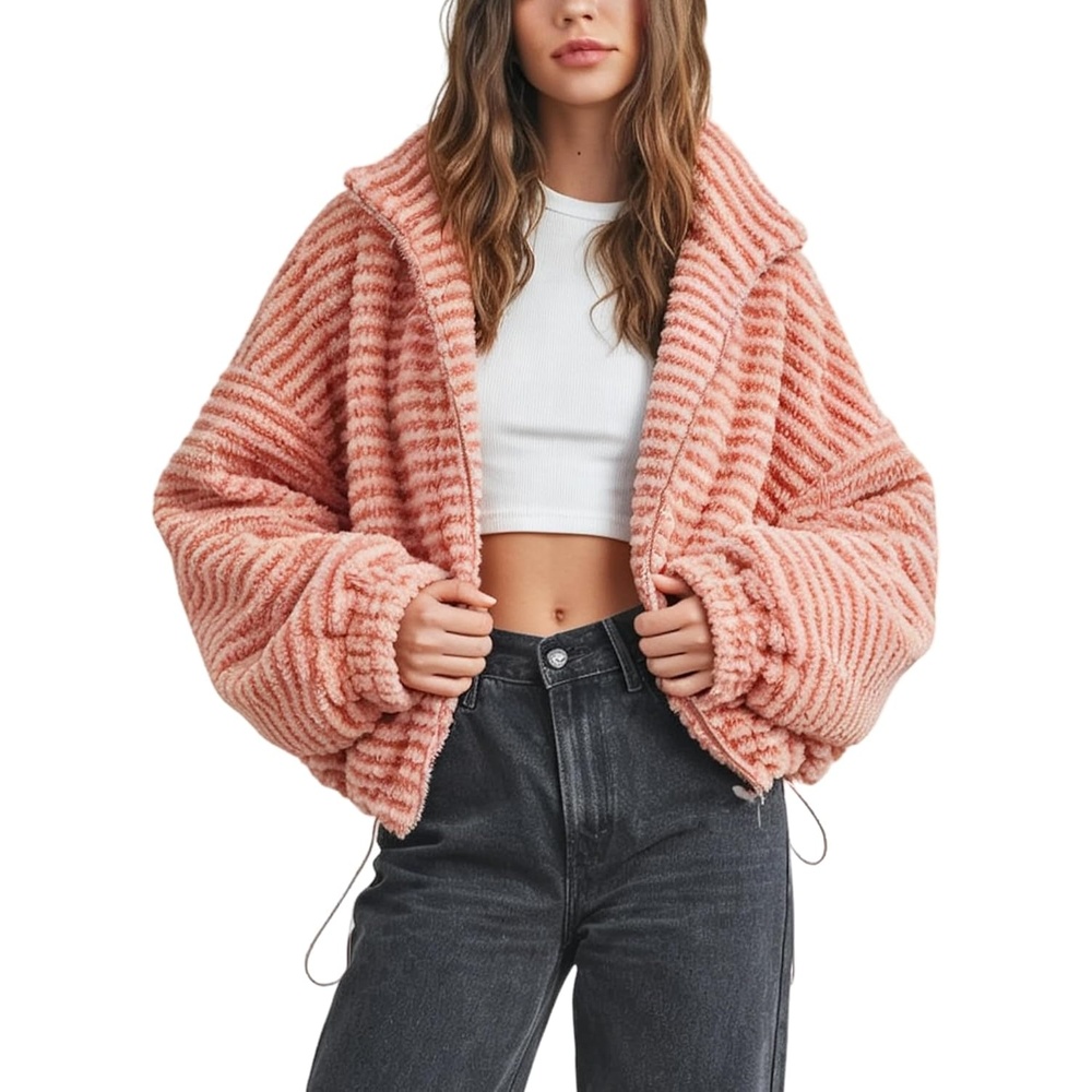 image:imageSpringrain Womens Striped Zip Up Fleece Jacket Winter Casual CoatOrange