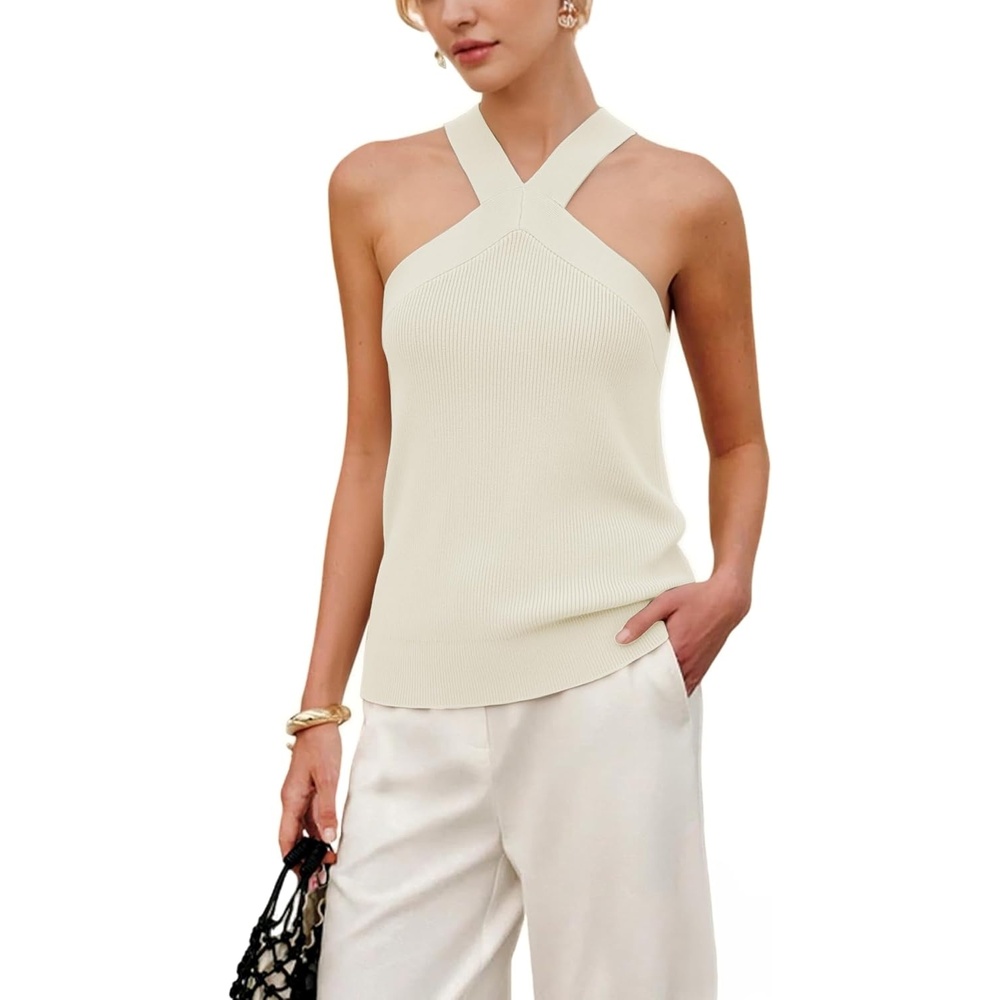 image:imageSpringrain Womens Summer Cross Over Halter Knit Tank Tops Casual Sleeveless V Neck Solid PulloverBeige
