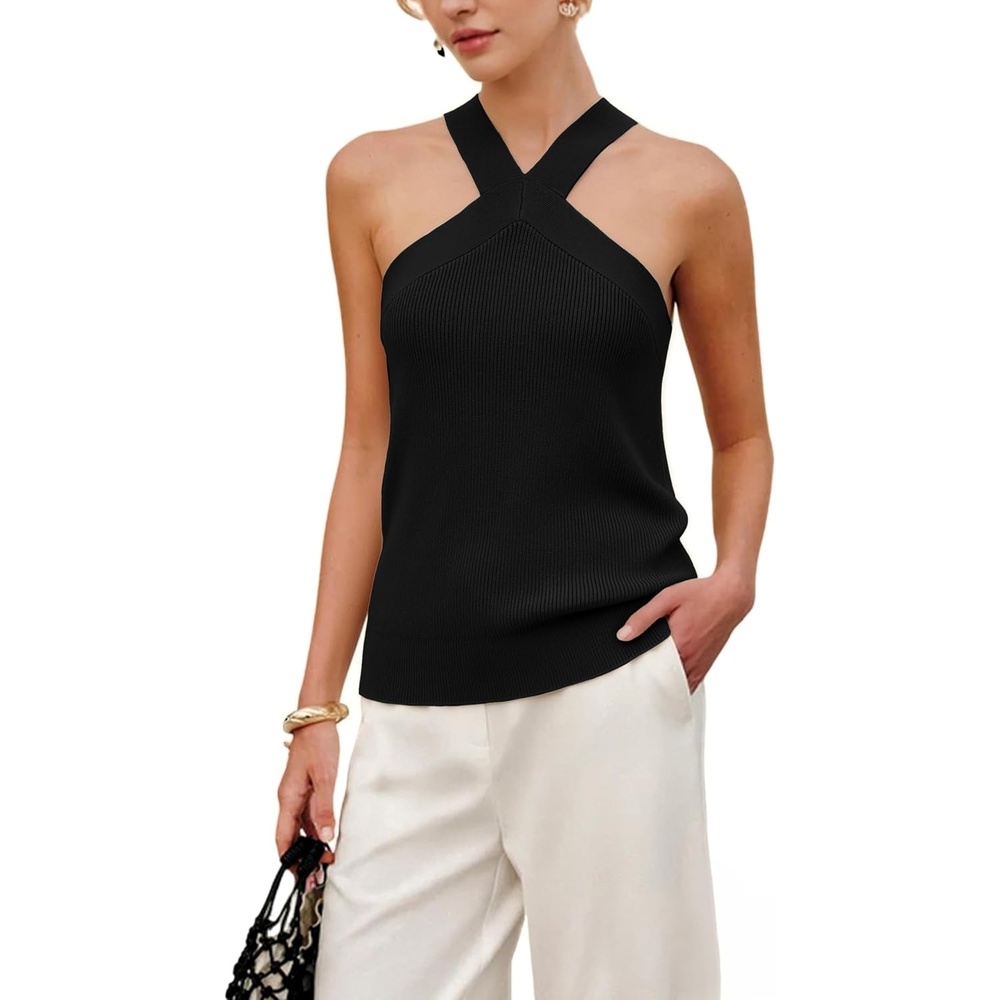 image:imageSpringrain Womens Summer Cross Over Halter Knit Tank Tops Casual Sleeveless V Neck Solid PulloverBlack