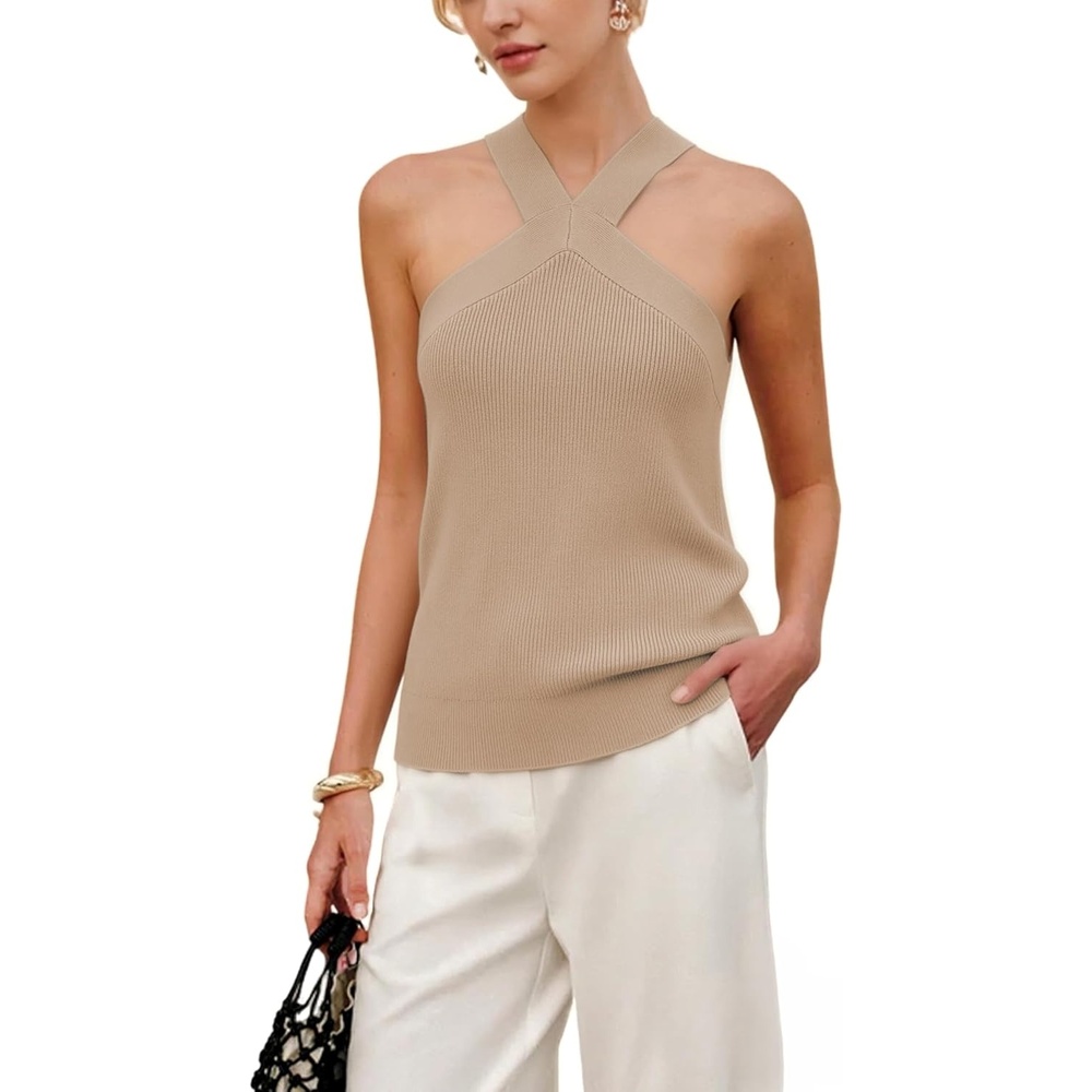 image:imageSpringrain Womens Summer Cross Over Halter Knit Tank Tops Casual Sleeveless V Neck Solid PulloverKhaki