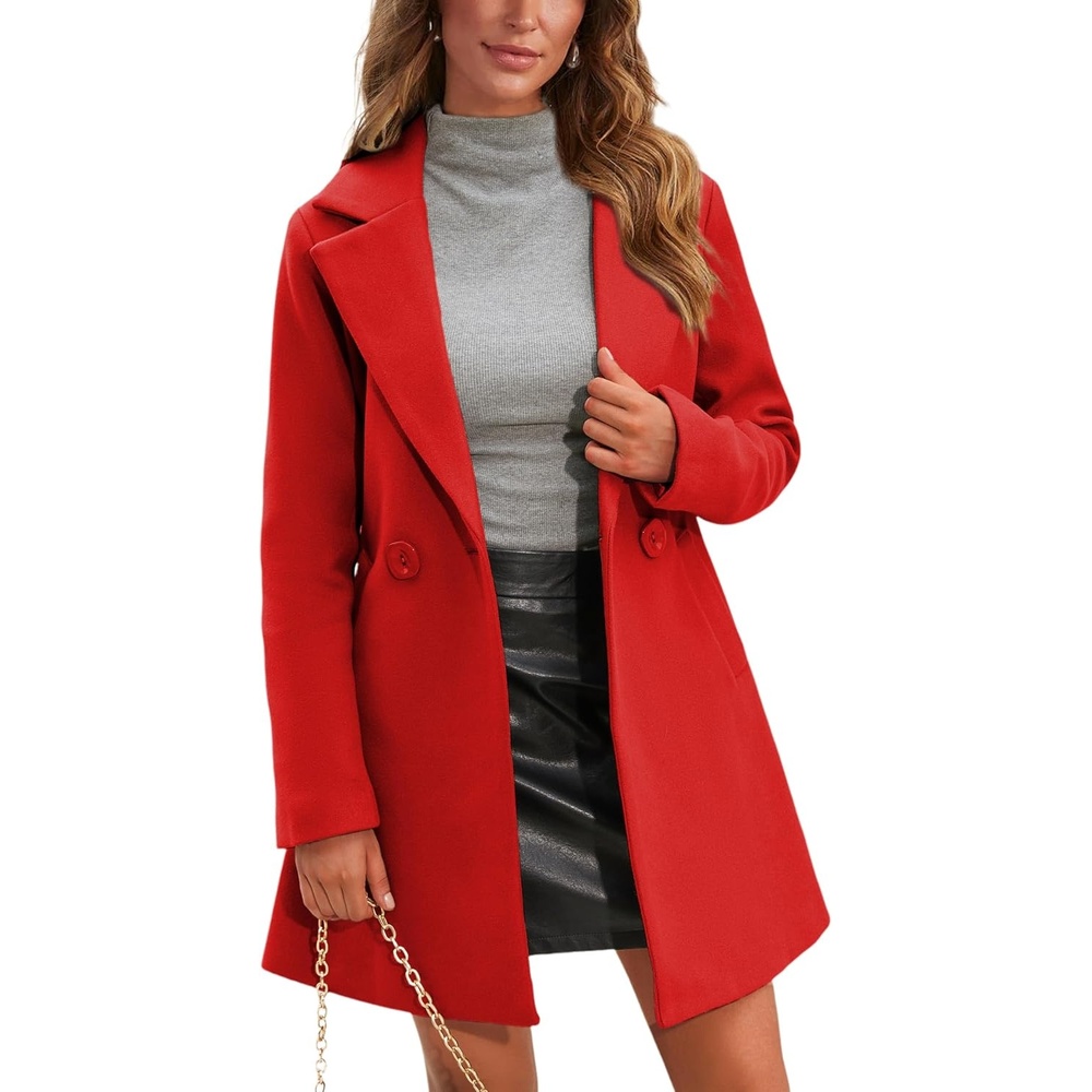 image:imageSpringrain Womens Wool Pea Coat Double Breasted Trench CoatRed