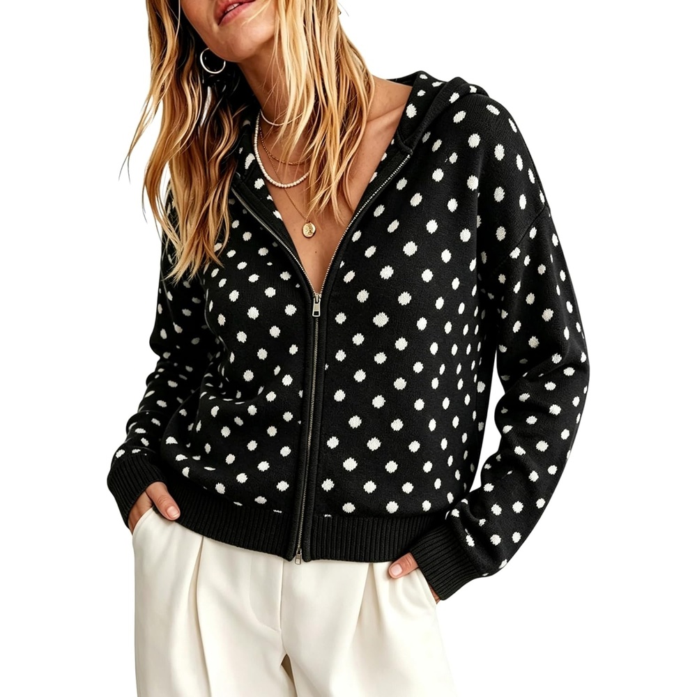 image:imageSpringrain Womens Zip Up Sweater Polka Dot Knit CardiganBlack