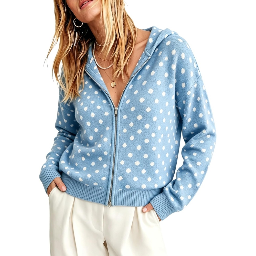 image:imageSpringrain Womens Zip Up Sweater Polka Dot Knit CardiganBlue