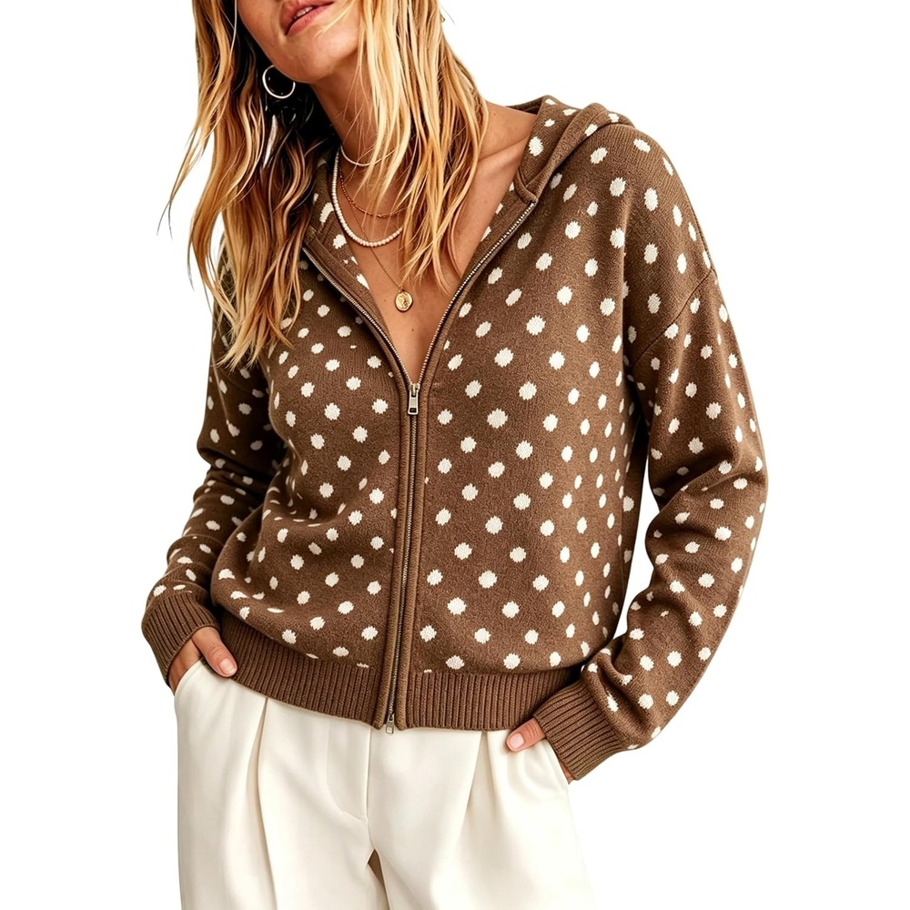 image:imageSpringrain Womens Zip Up Sweater Polka Dot Knit CardiganBrown