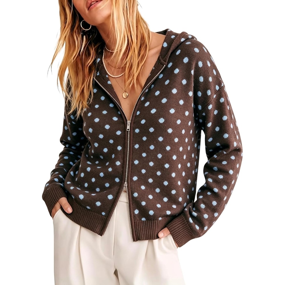 image:imageSpringrain Womens Zip Up Sweater Polka Dot Knit CardiganCoffee