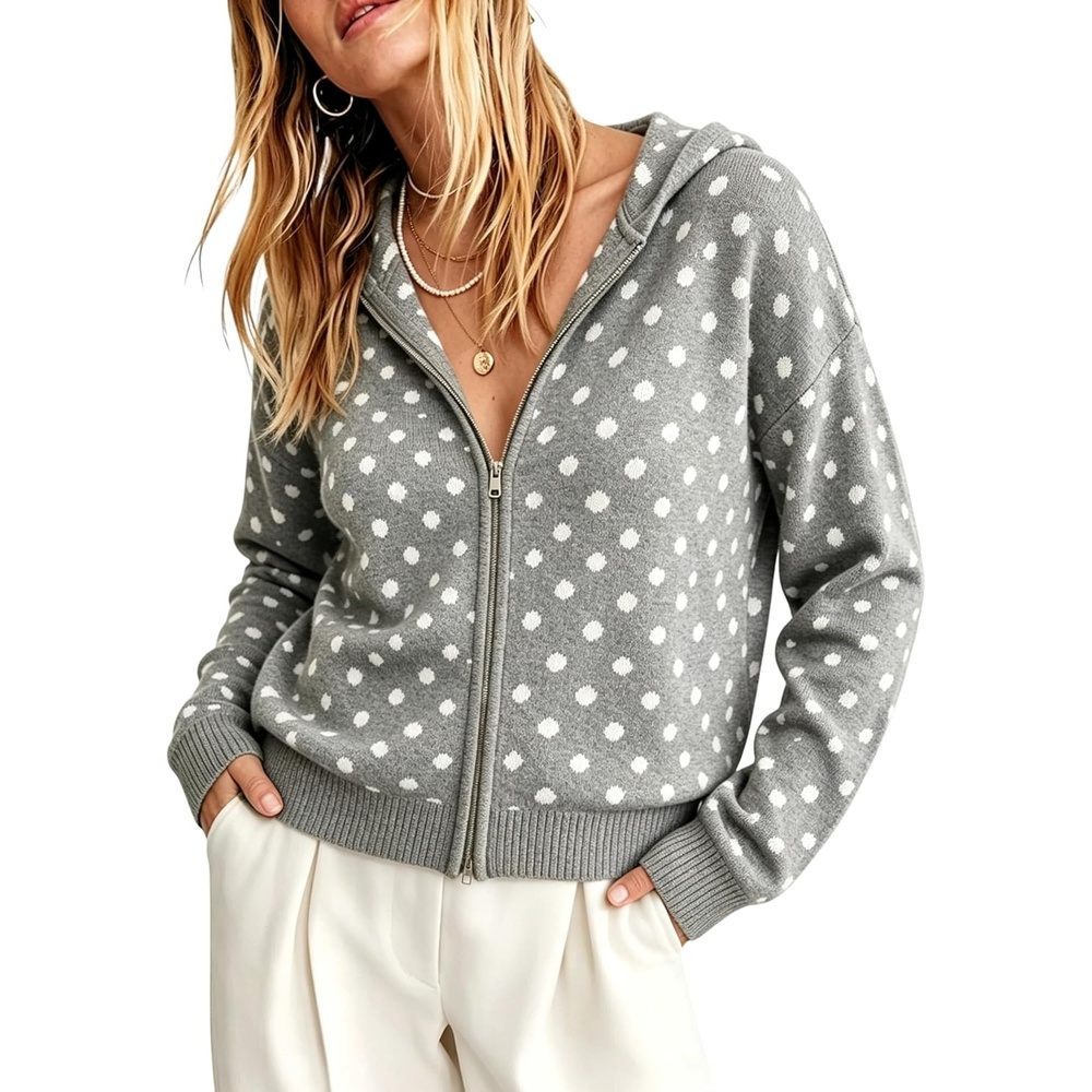 image:imageSpringrain Womens Zip Up Sweater Polka Dot Knit CardiganGrey