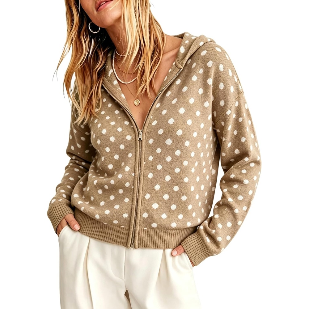 image:imageSpringrain Womens Zip Up Sweater Polka Dot Knit CardiganKhaki