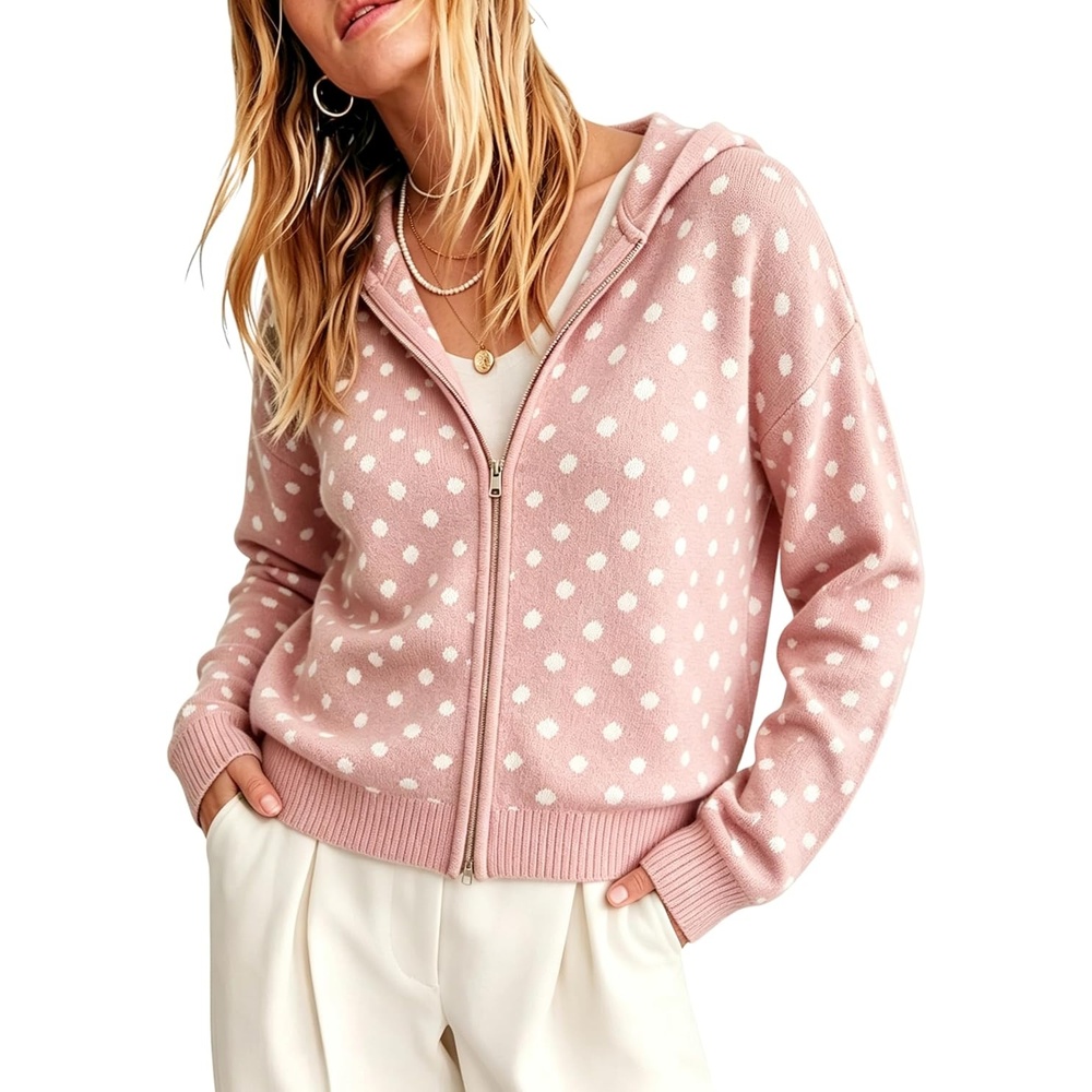 image:imageSpringrain Womens Zip Up Sweater Polka Dot Knit CardiganPink