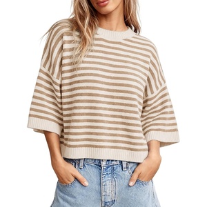 Springrain Women Striped Knit Sweater Crew Neck Tops Pullover(Apricot)