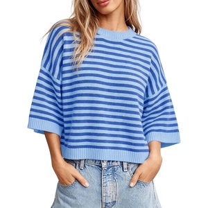 Springrain Women Striped Knit Sweater Crew Neck Tops Pullover(Blue)