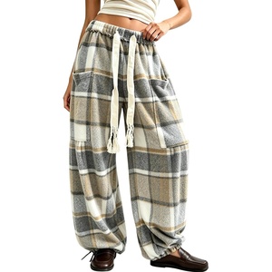 Springrain Womens Baggy Wide Leg Pants Plaid Flannel Harem Pants(Greykhaki)