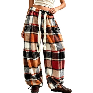 Springrain Womens Baggy Wide Leg Pants Plaid Flannel Harem Pants(Orange)