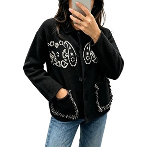 Springrain Womens Boho Paisley Knit Cardigan Fringe Trim Sweater(Black)