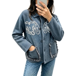 Springrain Womens Boho Paisley Knit Cardigan Fringe Trim Sweater(Dustyblue)