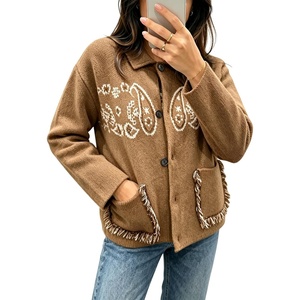 Springrain Womens Boho Paisley Knit Cardigan Fringe Trim Sweater(Khaki)