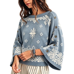Springrain Womens Boho Paisley Knit Sweater Wide Sleeve Pullover(Bluegrey)