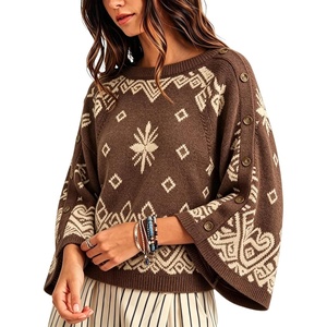 Springrain Womens Boho Paisley Knit Sweater Wide Sleeve Pullover(Brown)